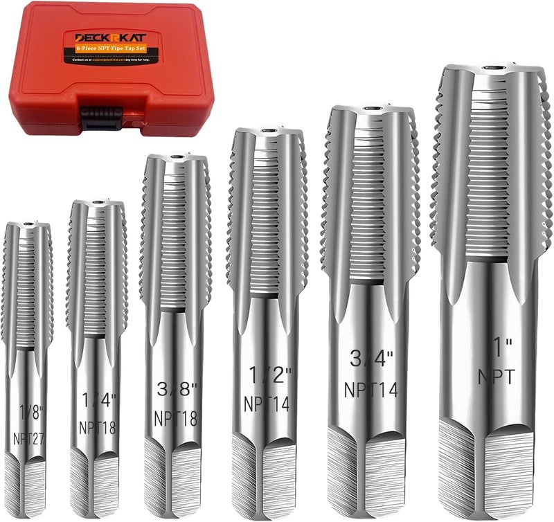 DECKRKAT 6-Piece NPT Pipe Tap Set, Precision Carbon Steel NPT Tap Set for Clean Accurate Threads, 1", 3/4", 1/2", 3/8", 1/4", 1/8" NPT Tap, Perfect for Plumbers Mechanics DIYers, with Durable Plastic Case - Image 1